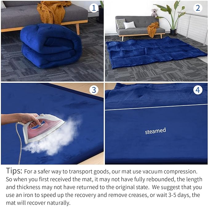 Baby Play Mat for Floor,1.3" Thick Memory foam Tummy Time Mat,Soft Coral Velvet Nursery Rug,Extra Large Non Slip Crawling Mat for Toddlers,Infants,kids,oga,Tatami Style for Living Room(Royal Blue)-CubbioJoy