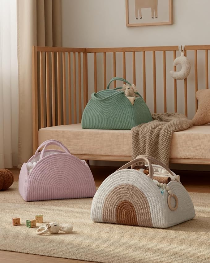 Blissful Diary Baby Diaper Caddy Organizer, Cotton Rope Diaper Caddy Basket, Large Storage Basket for Newborn Boys and Girls, Gift for Baby Shower List, Newborn Essentials, Earthy Rainbow-CubbioJoy