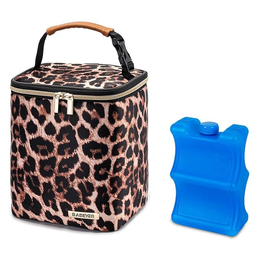 BreastMilk Cooler Bag with Ice Pack Fits 4 Baby Bottles Up to 9 Ounce, Baby Bottle Bag for Nursing Mom Daycare-Leopard Print-CubbioJoy