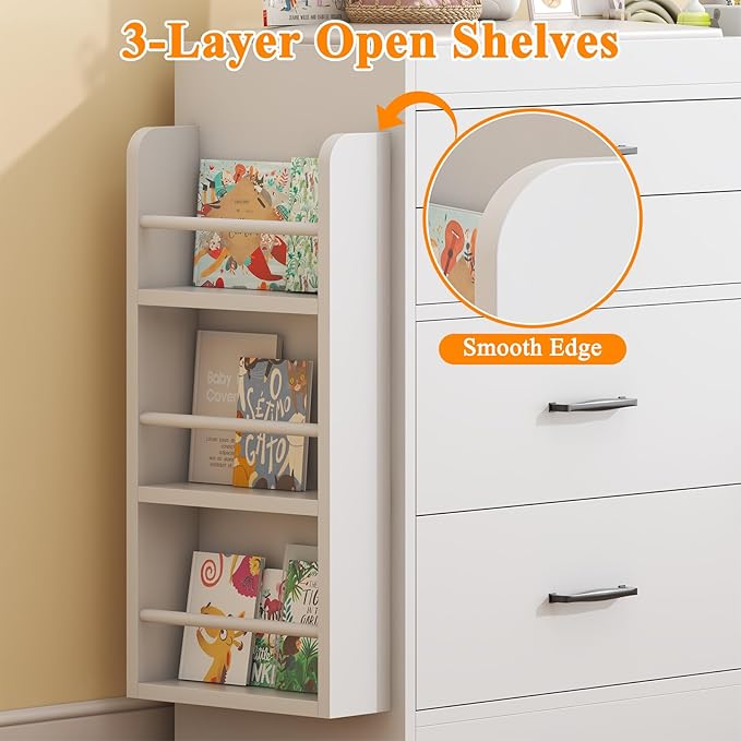 Bigbiglife Changing Table Dresser, Baby Nursery Dresser with 4 Drawers & 1 Cabinet & 3 Open Shelves Storage, Modern Diaper Changing Station for Children's Room, Changing Pad Included, White-CubbioJoy