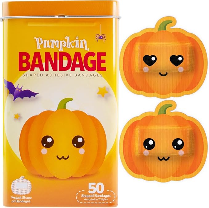 BioSwiss Bandages, Halloween Pumpkin Shaped Self Adhesive Bandage, Latex Free Sterile Wound Care, Fun First Aid Kit Supplies for Kids, 50 Count-CubbioJoy