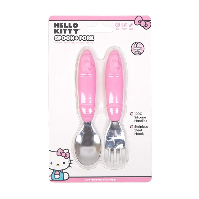 Bumkins Toddler Utensils, Kids Size Fork and Spoon Set, Silicone and Stainless-Steel Training Silverware, Angled Fork / Spork for Self-Feeding, Children Learning to Eat, 18 Mos Up, Hello Kitty Pink-CubbioJoy