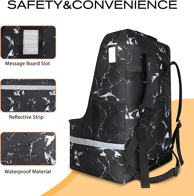 Car Seat Travel Bag for Airplane,Infant Seat Travel Bag with Shoulder Strap,Padded Car Seats Backpack with Reflective Stripes,Large Carseat Carrier Bag Travel Car Seat Cover, Black marble-CubbioJoy