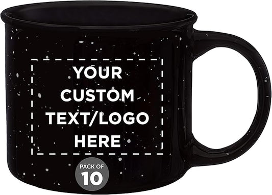 DISCOUNT PROMOS Custom Ceramic Campfire Coffee Mugs 13 oz. Set of 10, Personalized Bulk Pack - Perfect for Tea, Espresso, Cappuccino, Hot Cocoa - Black-CubbioJoy