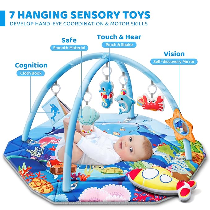 Baby Gym Play Mat, 8-in-1 Ocean Theme Tummy Time Mat & Ball Pit, Washable Baby Activity Play Mat for Visual, Hearing, Sensory, Motor Development, Baby Toys Gift for Toddler Infant 0-3-6-9-12-18 Months-CubbioJoy