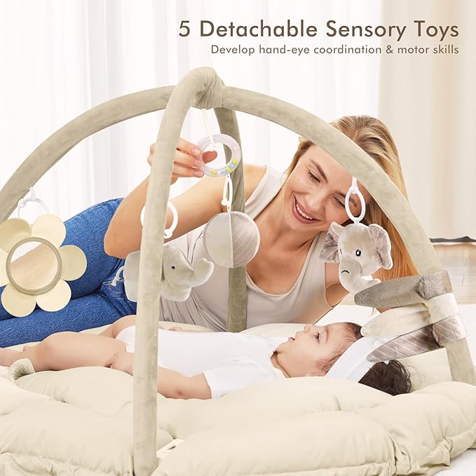 ANGELBLISS 5 in 1 Baby Play Gym Mat, Reversible Tummy Time Mat with 5 Sensory Toys for Stage-Based Developmental, Thick & Large Baby Activity Center from Newborn to Toddler (Khaki)-CubbioJoy