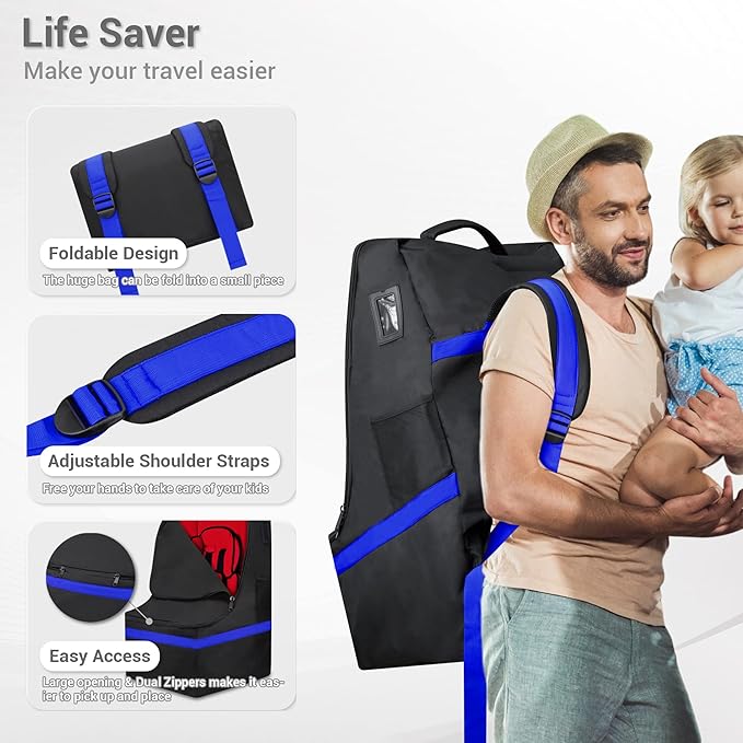 Car Seat Travel Bag - Padded, Comfortable, Durable, Roomy Gate Check Carseat Cover Backpack Fits 3-in-1，Convertible, Booster & Infant Car Seats for Airplane, Airport, Blue-CubbioJoy