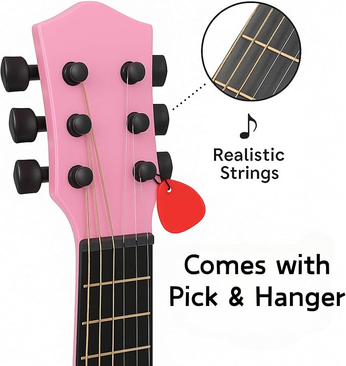 23" Acoustic Guitar, Kids 6 String Toy Guitar - Realistic Steel Strings - Beginner Practice First Musical Instrument for Children, Toddlers (Pink)-CubbioJoy
