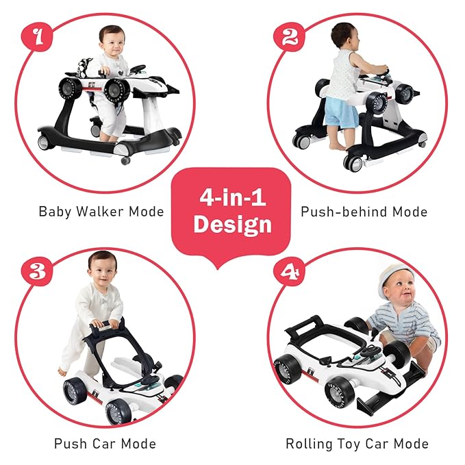 BABY JOY 4-in-1 Baby Walker, Foldable Activity Walker with Adjustable Height & Speed, Music, Lights, Anti-Rollover, Toddler Push Walker, Baby Walker with Wheels for Boys Girls 6-18 Months (White)-CubbioJoy