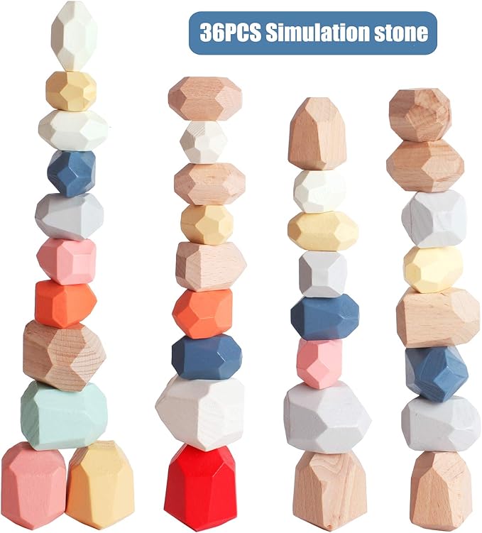 BESTAMTOY 36 PCS Wooden Sorting Stacking Rocks Stones,Sensory Toddler Toys Learning Montessori Toys, Building Blocks Game for Kids 3 4 5 6 Years Boy and Girl Birthday Gifts for Kids-CubbioJoy