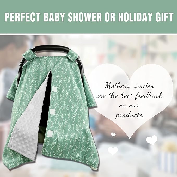 Baby Car Seat Canopy Soft Minky Plush Dotted Backing Baby Car Seat Cover Girls, Infant Carseat Canopy, Stretchy Multi- use Nursing Cover for Stroller/High Chair/Shopping Cart/Car Seat Canopies Sage-CubbioJoy