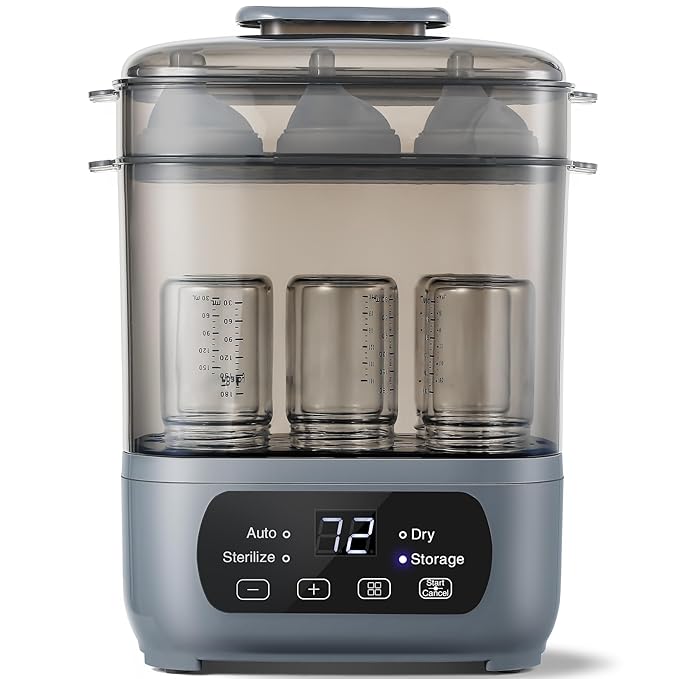 4-in-1 Baby Bottle Steamer and Dryer, Electric Steamer with Fast Drying, Universal Fit for All Bottles, LED Touch Screen & Auto Shut-Off Protection (Grey)-CubbioJoy