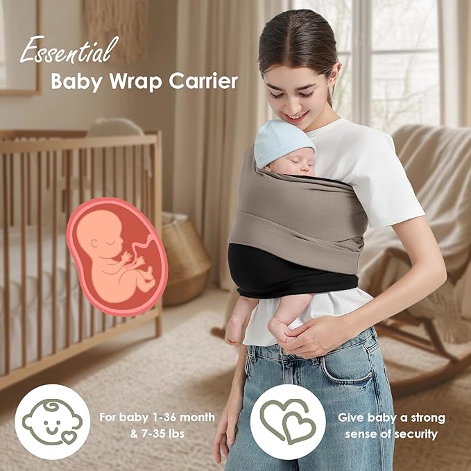 Baby Wrap Carrier, Lightweight Baby Wearing Wraps for Newborn and Infant, Soft Swaddle Holder Carrier, Cozy Baby Sling 7-35 lbs Black+Brown-CubbioJoy