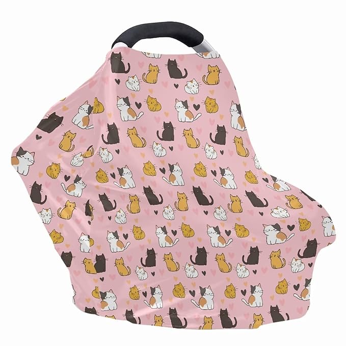 Binienty Baby Car Seat Covers - Cartoon Kitten Infant Carseat Canopy Multi-use Stretch Nursing Cover for Breastfeeding-CubbioJoy