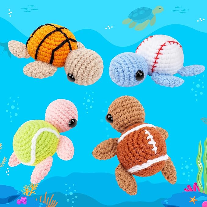 Crochet Kit for Beginners -4 PCS Turtle Crochet Kit with Step-by-Step Video Tutorials, Beginner Crochet Kits for Adults, Animal Crochet Turtle Ball Games Set-CubbioJoy