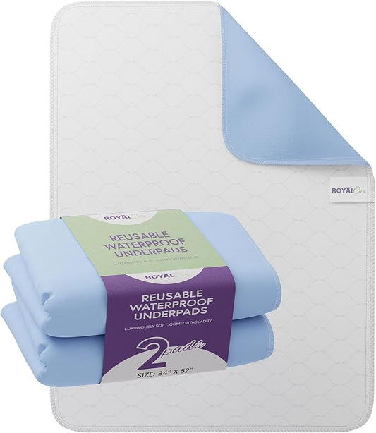Incontinence Bed Pads - 2 Pack 34"x 52" Reusable Waterproof Mattress Protectors - Highly Absorbent, Machine Washable - for Children, Pets and Seniors - Blue - Royal Care-CubbioJoy