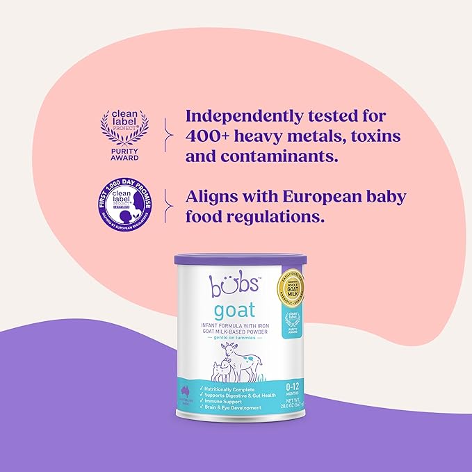 Bubs Whole Goat Milk Formula with Iron, Goat Milk-Based Powder, for Infants 0-12 Months, Made with Non-GMO Goat Milk, 20 oz-CubbioJoy
