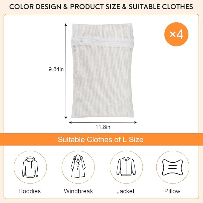 4 Piece White Small, Durable Organic Cotton Mesh Laundry Bag with Strong Zipper and Breathable Mesh, Delicate Laundry Bag for Underwear, Clothes, Pants and Socks-CubbioJoy
