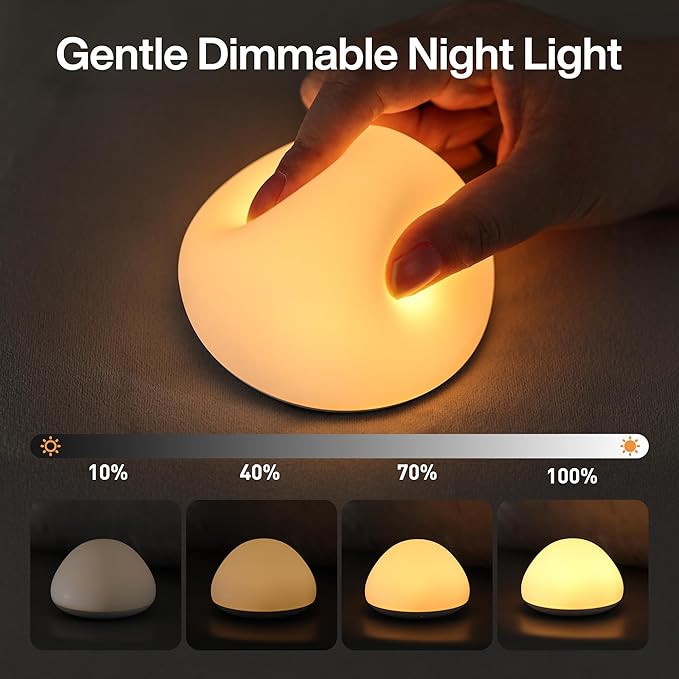 JolyWell Baby Night Light for Nursery, Soft Silicone Tap Control Night Lamp with 8 Color Changing, Stepless Dimming, Rechargeable Portable Night Light for Kids, 1H-Timer, Warm Light for Breastfeeding-CubbioJoy