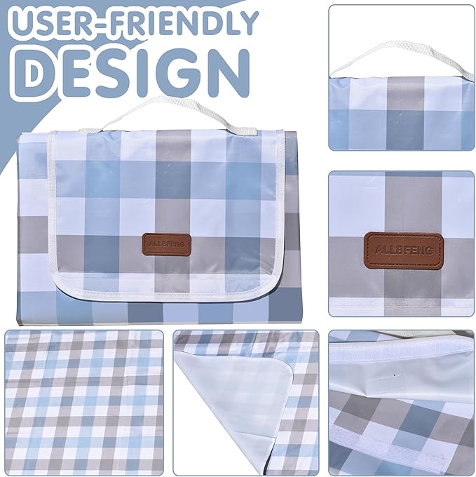 80"x80" Extra Large Waterproof Outdoor Mat - Sandproof Foldable Picnic Blanket for Family Camping, Backyard, Beach Parties - Heavy Duty & Easy Storage (Blue&Gray)-CubbioJoy