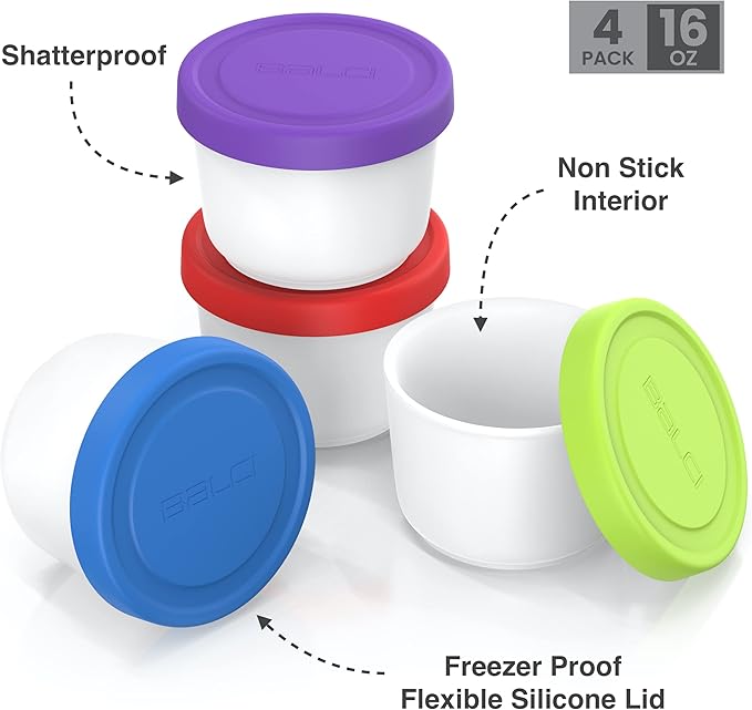 BALCI - 16oz Ice Cream Containers with Silicone Lids (Set of 4) - 1 Pint Each Freezer Food Storage Containers, Reusable, LeakProof, For Homemade IceCream Containers - Blue, Red, Green, Purple-CubbioJoy