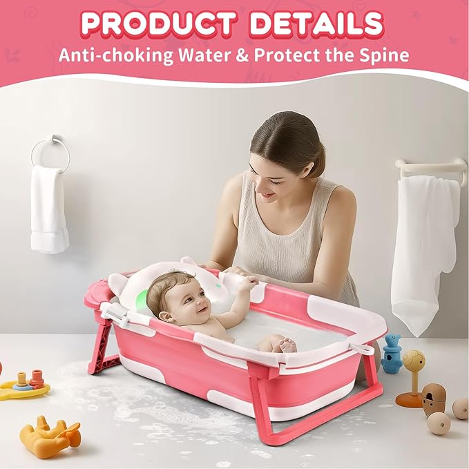 Baby Bathtub,Collapsible Baby Bath Tub with Thermometer & Soft Floating Cushion,Portable Travel Baby Bathtubs for Newborns to Toddlers 0-36 Months(Bear Pink)-CubbioJoy