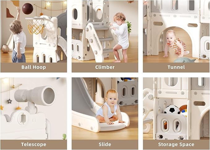 8 in 1 Toddler Slide Set, Kids Slide for Toddlers Age 1-3, Toddler Climber Slide PlaySet with Basketball Hoop,Outdoor Indoor Playground for Toddlers 1-3, White Gray-CubbioJoy