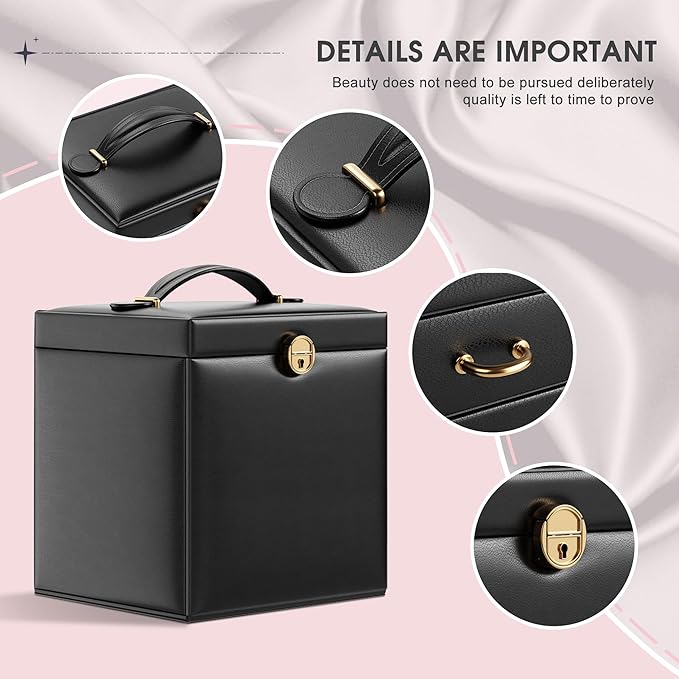 5-Layer Jewelry Box with 4 Drawers, Huge Portable Jewelry Organizer with Lock and Mirror for Women, for Necklace Ring Earring Bracelet Storage, Lockable Jewelry Case, Black-CubbioJoy