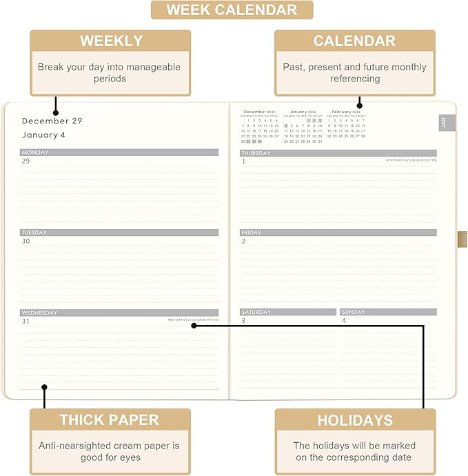 2026 Planner - JAN 2026 - DEC 2026, Planner 2026, Weekly and Monthly Planners, Leather Cover Planners with Thick Paper, Back Pocket with Notes Pages, Seashell Gold (8.5" x 11")-CubbioJoy