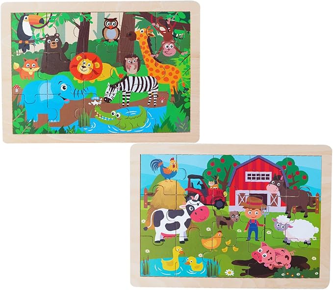 Animals Wooden Jigsaw Puzzle for Kids Set of 2 - African Wildlife and Farm Animals（15 pcs） Preschool Educational Learning Toys Gift for Toddlers Boys and Girls-CubbioJoy