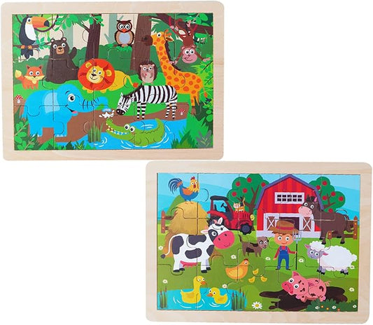 Animals Wooden Jigsaw Puzzle for Kids Set of 2 - African Wildlife and Farm Animals（15 pcs） Preschool Educational Learning Toys Gift for Toddlers Boys and Girls-CubbioJoy