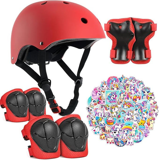 Kids Bike Helmet with Knee Elbow Wrist Pads Guards,Pink,for Ages 2-3-5-8-14,Sports Bicycle,Skate Scooter,Rollerblading with Unicorn Sticker-CubbioJoy
