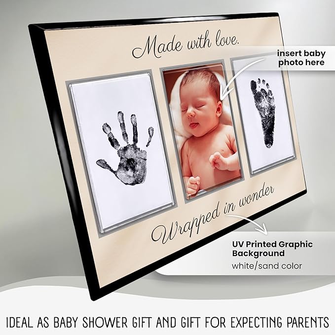 Baby Hand and Footprint Kit with Photo & Birth Details, Inkless Hand and Footprint Kit, Newborn Keepsake Plaque, Baby Shower Gifts (STYLE 2 (Baby Shower) (Made With Love))-CubbioJoy