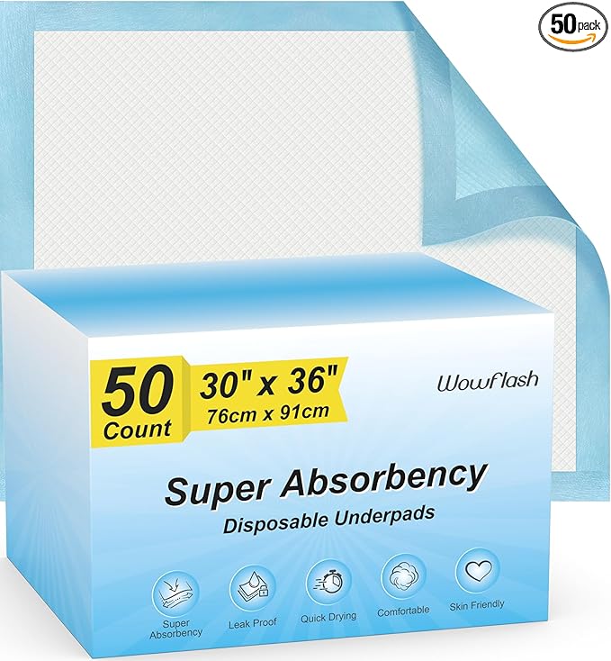 50 Count 30” x 36” Super Absorbency Disposable Underpads, Leakproof Quick Drying, Baby Puppy & Adults Bed Pads Disposable Adults, Dog Pee Pads Extra Large, XXL Incontinence Pads-CubbioJoy