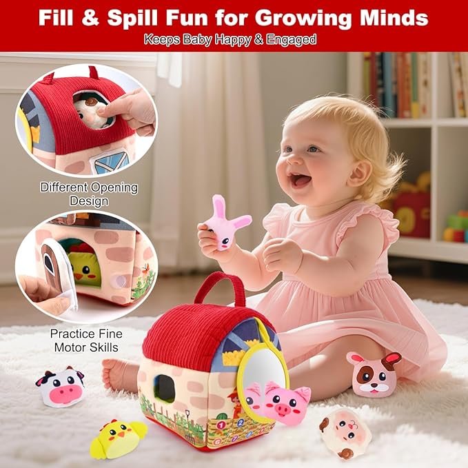 Baby Toys 6-12 Months – Montessori Sensory Barn with Plush Farm Animals, Rattles, Crinkle & Mirror – 1st Birthday Gift or Easter Basket Stuffer for Babies-CubbioJoy