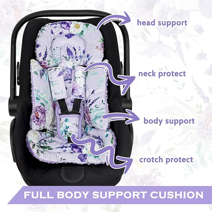 Infant Car Seat Insert and Strap Covers, Very Soft Car Seat Head Support Baby Girl Boy, Reversible Newborn Carseat Insert Cushion Fits for Stroller, Baby Swing, Bouncer (Purple Floral)-CubbioJoy