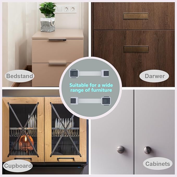 Child Proof Cabinet Locks, 4 Pack Child Locks for Drawer Cupboard Dishwasher Cupboard Pantry and Toilet. Adhesive Safety Baby Proofing Fridge Lock for Kids and Toddler-CubbioJoy