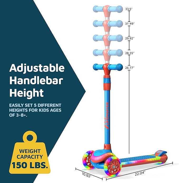 3-Wheel Kids Scooter with Multi-Color Lights on Deck & Wheels – 5-Height Adjustable Handlebar, Wide Anti-Slip Deck, Child Safety Certified, Boys & Girls Ages 3+ Supports Up to 150 lbs-CubbioJoy