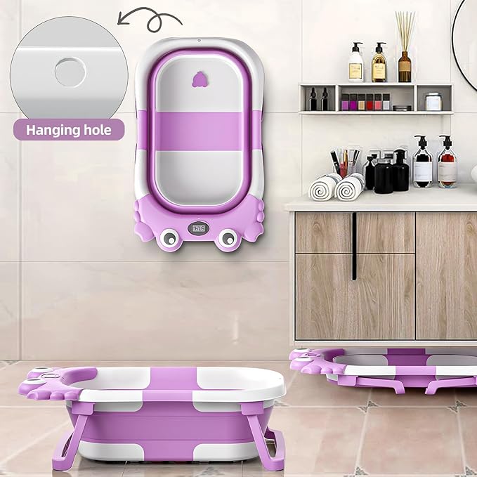 Collapsible Baby Bathtub for Infants to Toddler with Real-time Temp Monitor+Floating Cushion,Foldable Baby Bath Tub Set Applicable 0-36 Month,Portable Travel Bathtub for Newborns Girl (Purple)-CubbioJoy