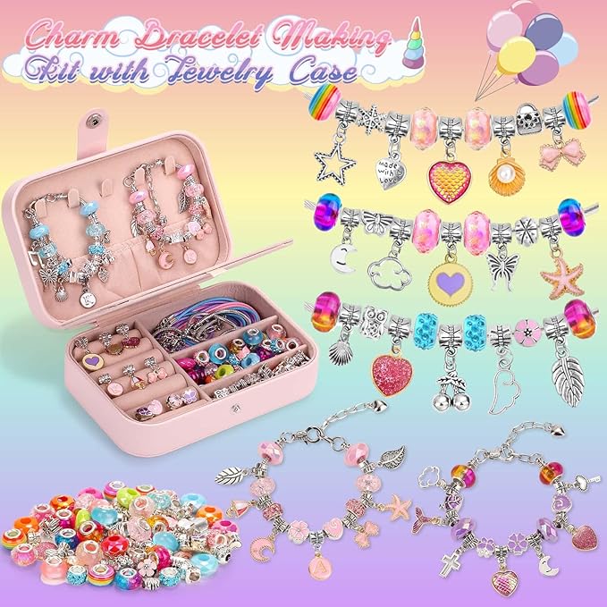 Charm Bracelet Making Kit with Jewelry Case with Charm Pendant Bracelet Kit Jewelry Making DIY Art & Craft Kit for Birthday Gifts Valentine Christmas-CubbioJoy