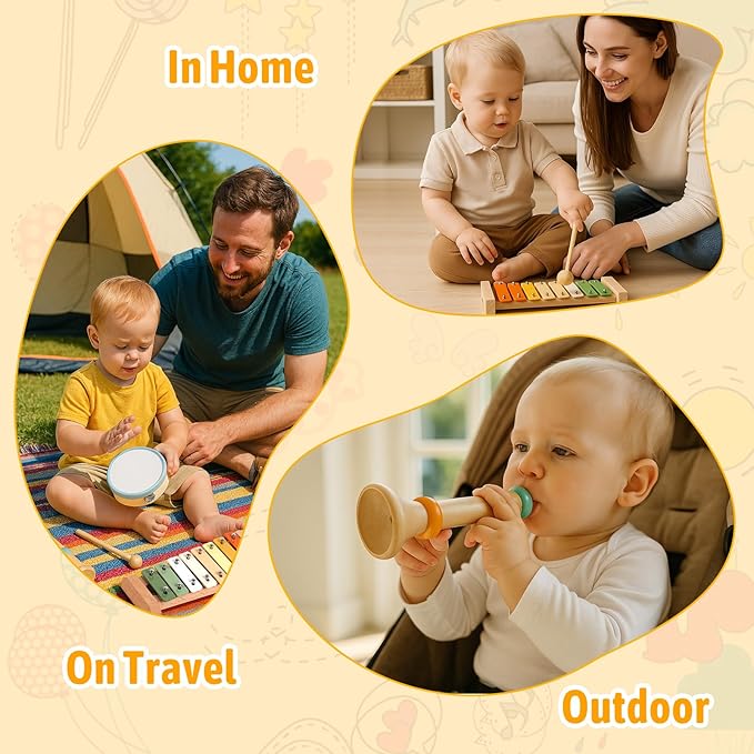 Baby Musical Instruments - Wooden Montessori Toys for Toddlers 1-3, Baby Musical Toys Percussion Instruments Set with Xylophone Tambourine, Neutral Preschool Educational Baby Toys for Boy Girls Gifts-CubbioJoy