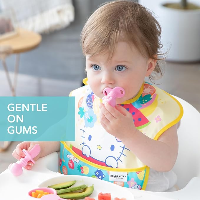 Bumkins Baby Utensils Set, Chewtensils Silicone Spoons for Dipping, Self-Feeding, Baby Led Weaning, Trainer Learning, First Stage Eating, Soft Practice Fork and Spoon, 6 Months, Hello Kitty Pink-CubbioJoy