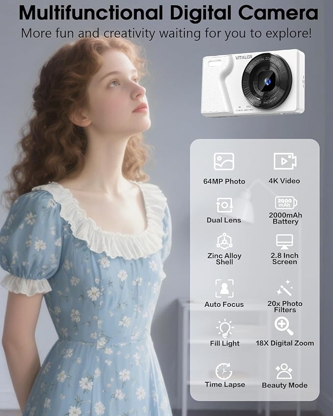 Digital Camera with Front Rear Lens, Autofocus 64MP 4K Camera for Photography with 32GB Card, Portable Compact Point and Shoot Camera for Teens Adult Beginner with Metal Shell, 2000mAh Battery-CubbioJoy