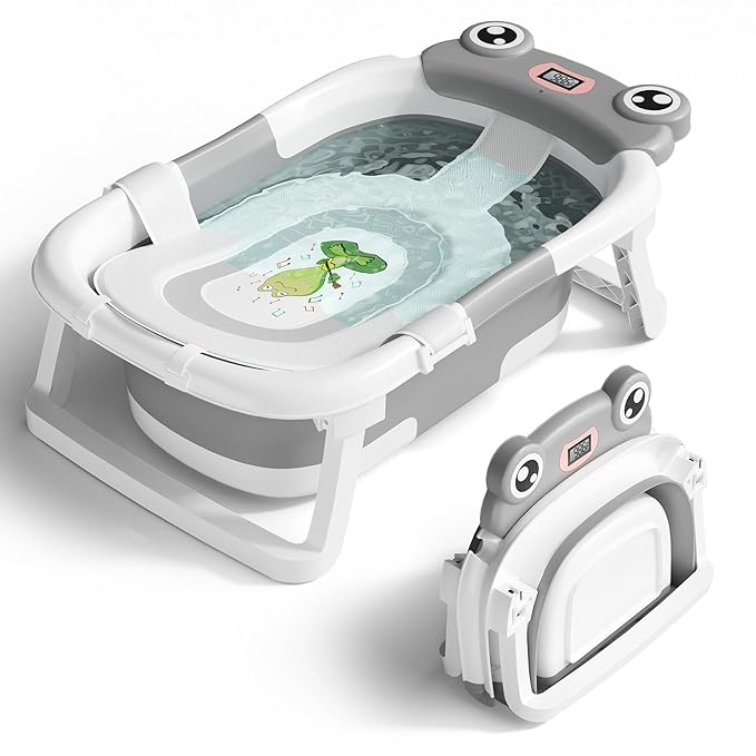 Baby Bathtub, Collapsible Newborn Bathtub for Infant to Toddler 0-24 Months with Soft Cushion and Thermometer,Portable Travel Newborn Tub with No-Slip Feet, Baby Shower Gifts,Grey-CubbioJoy