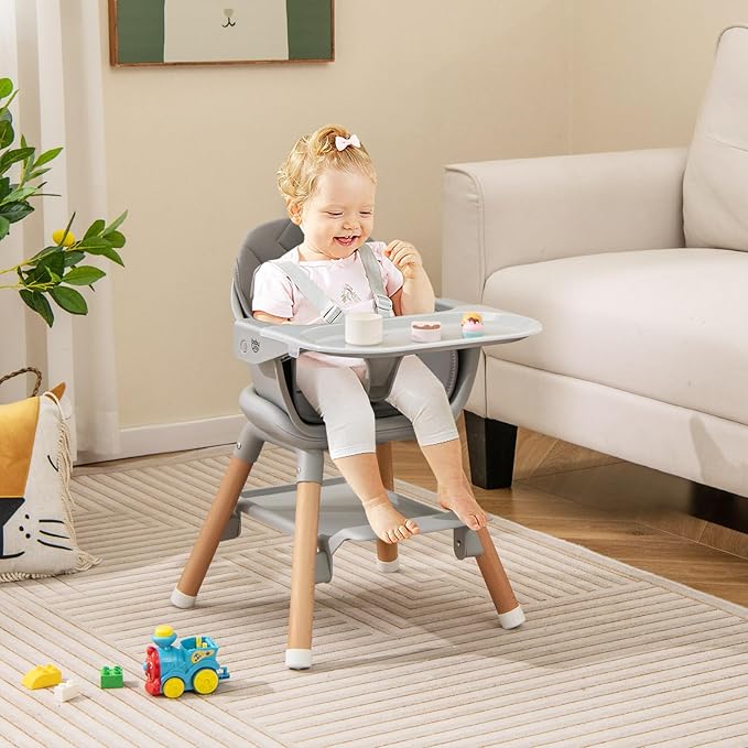 BABY JOY Baby High Chair, 6 in 1 Convertible Wooden Highchair for Babies & Toddlers with Adjustable Legs, Removable Double Tray, Safety Harness & Waterproof PU Cushion (Gray)-CubbioJoy