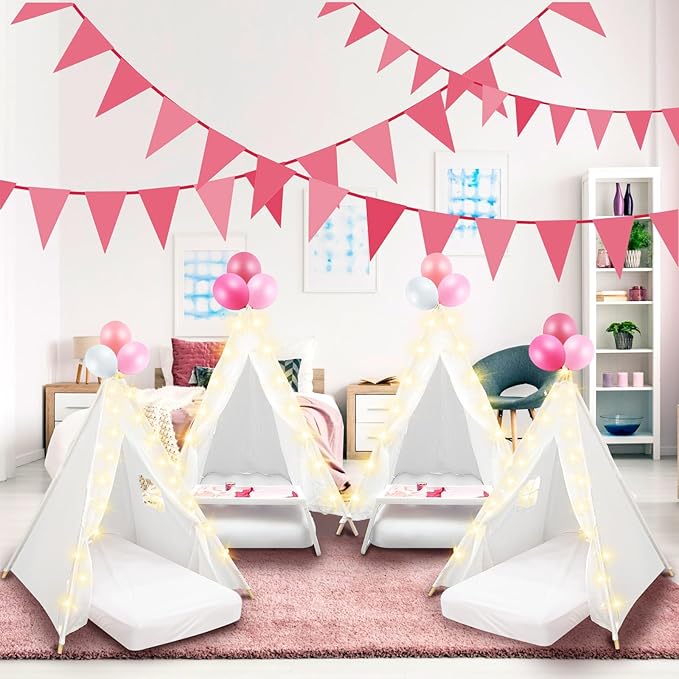 8 Pack Sleepover Tent for Girls Party,Teepee Tent for Kids Slumber Party Bulk with Light String,Air Mattress,Fitted Sheet,Washable Natural Cotton Toddler Teepee Indoor Outdoor(White)-CubbioJoy