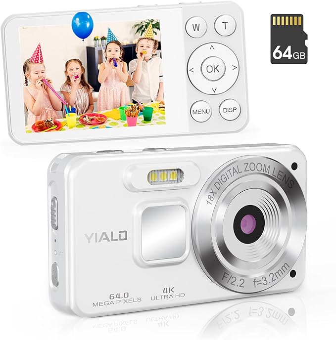 4K Digital Camera for Teens, FHD 64MP Digital Camera for Kids with 64GB SD Card, 18X Digital Zoom Cameras for Photography, Point and Shoot Video Camera for Kids, White-CubbioJoy