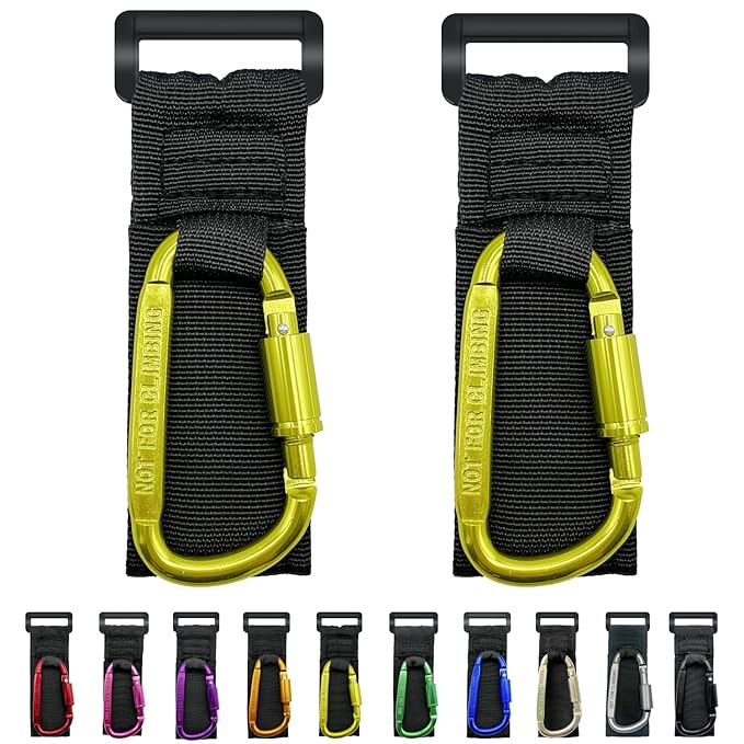 Baby Stroller Hook, Carry 30 lbs per Stroller Carabiner Clip, Adjustable Baby Stroller & Car Seat Hook for Hanging Diaper Bag, Wheelchair,Golf cart, Shopping and Pet Cart(2 Pcs Green Gold)-CubbioJoy