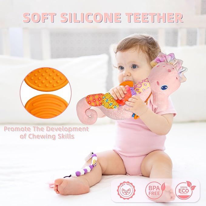 Baby Toys 0-6 Months,Infant Musical Seahorse Stuffed Animals Sensory Toys with Bright Colors,Multiple Textures,Rattles & Crinkle Sound Paper,Soft Tummy Time Toy for Newborn Boys Girls 0-12 Months-Pink-CubbioJoy