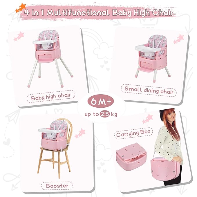 4 in 1 Portable Baby High Chair,Convertible Highchair for Babies & Toddlers-Foldable Infant Booster Seat,Carry Small Box,Dining Chair,Toddler High Chair with 5-Point Harness,Removable Tray-Pink-CubbioJoy